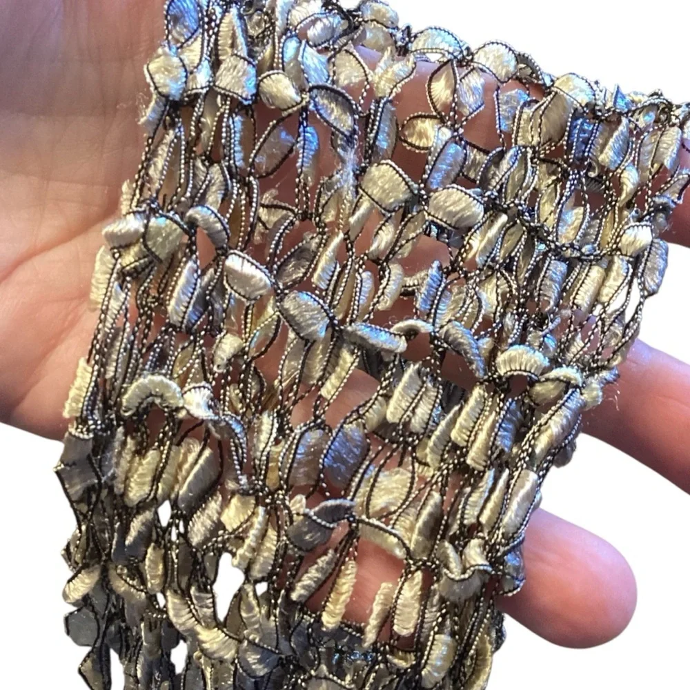 Handcrafted Fancy Ribbon Knit Fringe Scarf Gold, Brown, and Silver Stretch Boa‎